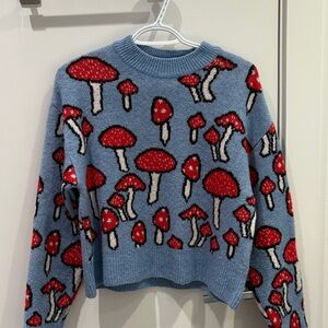 Zara Blue Crewneck Sweater with Red Mushroom Print